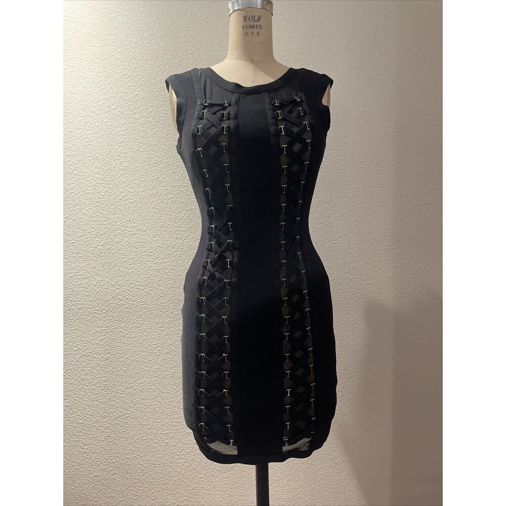 bebe, black bodycon stretchy short dress, lace up detail, size S